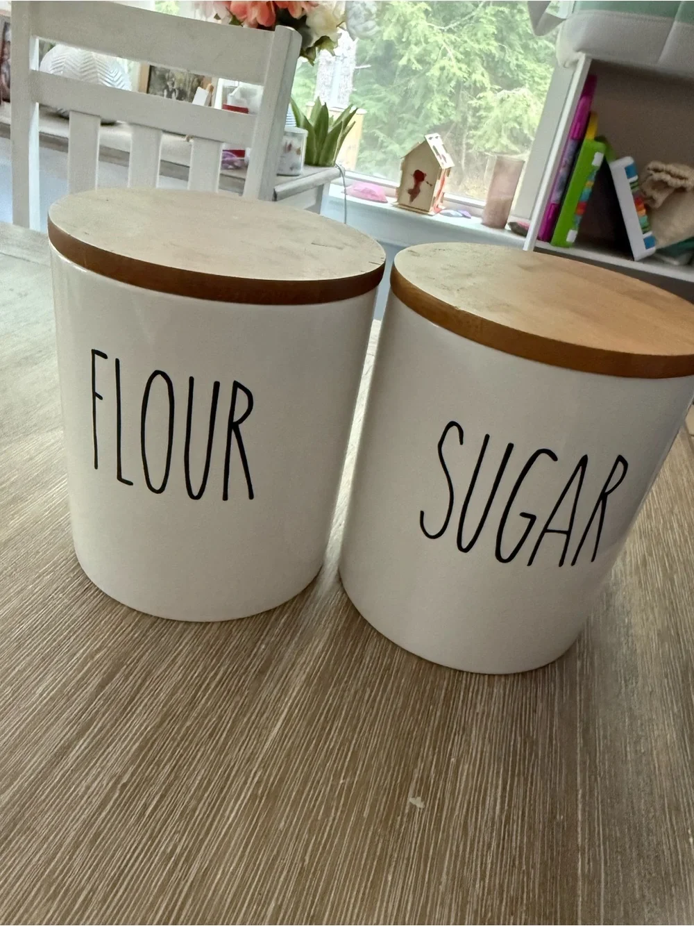 White Ceramic Flour & Sugar Canister Set with Wood Lids - 2 Piece